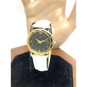 Citizen Women's Watch 1012-K13131 Quartz Gold Black Dial White Leather Band 24mm